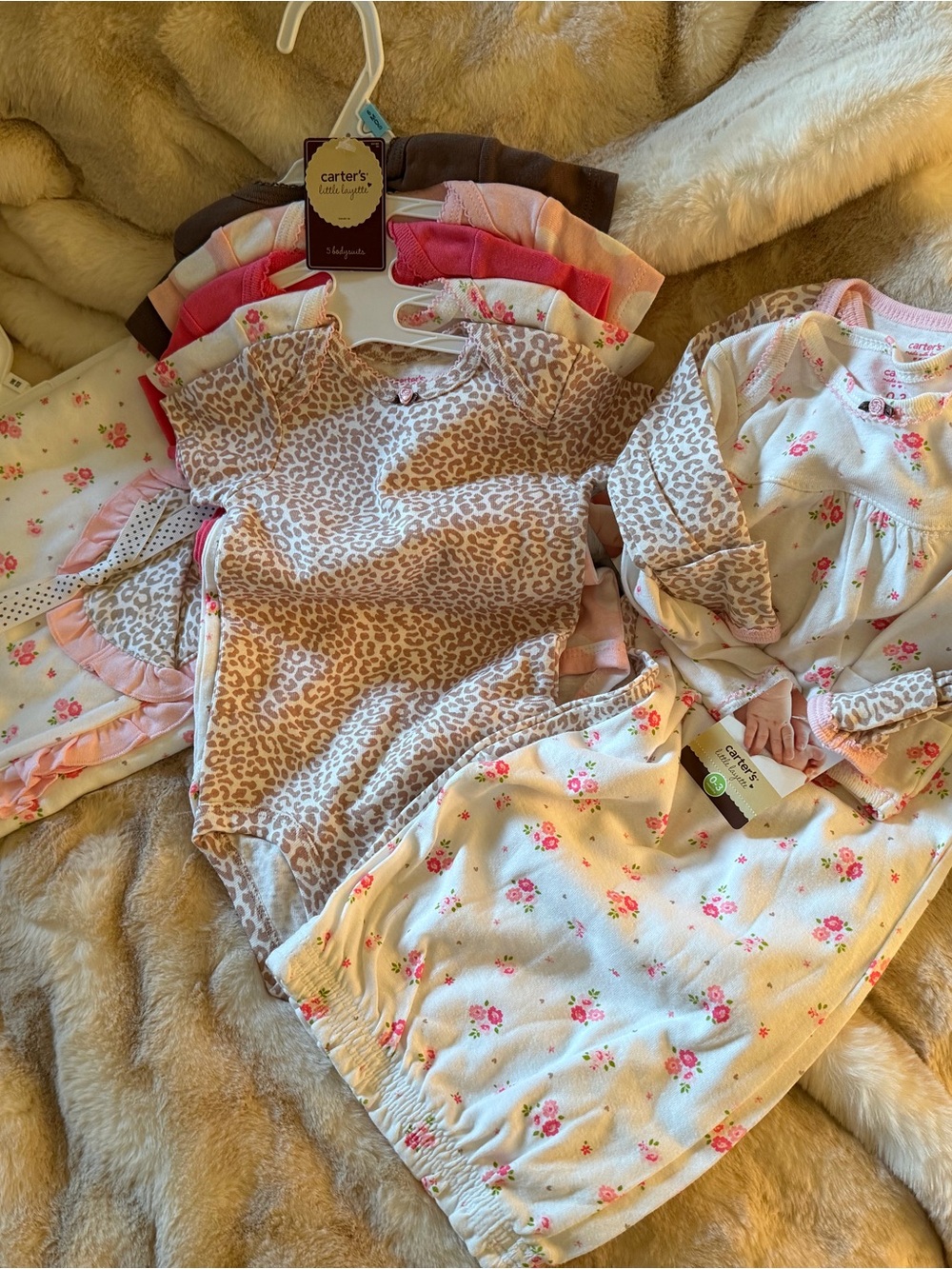 Carter's Pink Floral & Leopard Infant Pajama Set, Onesies and Matching Blanket